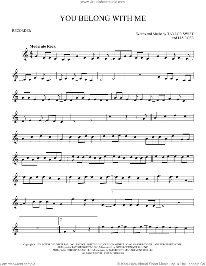 You Belong With Me sheet music for recorder solo by Taylor Swift and Liz Rose, intermediate skill level