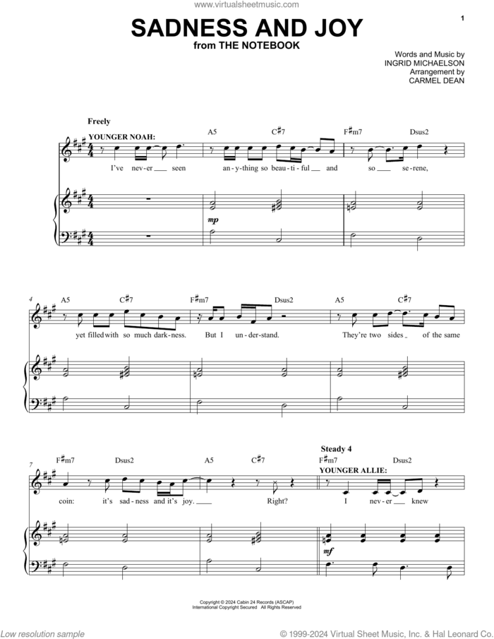 Sadness and Joy (from The Notebook) sheet music for voice and piano by Ingrid Michaelson, intermediate skill level