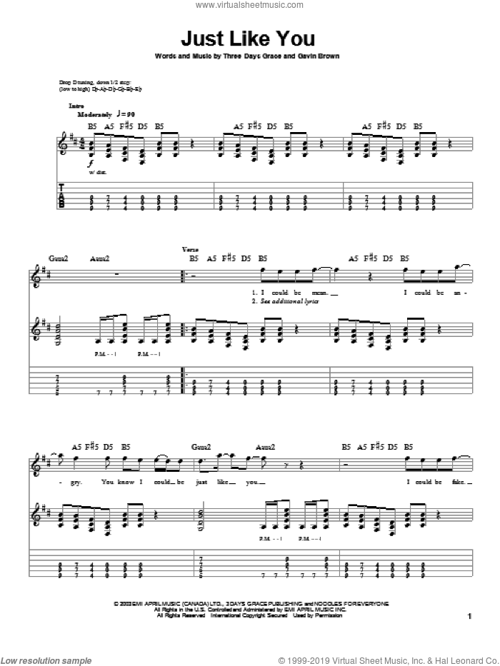 Just Like You sheet music for guitar (tablature, play-along) by Three Days Grace and Gavin Brown, intermediate skill level