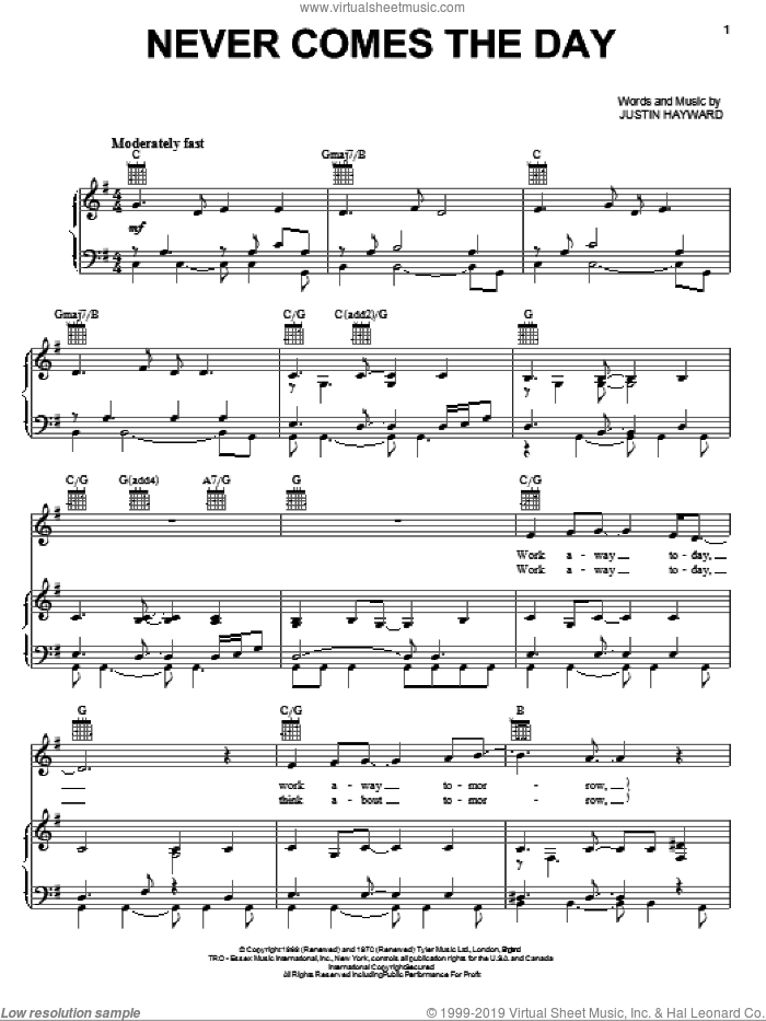Never Comes The Day sheet music for voice, piano or guitar by The Moody Blues and Justin Hayward, intermediate skill level