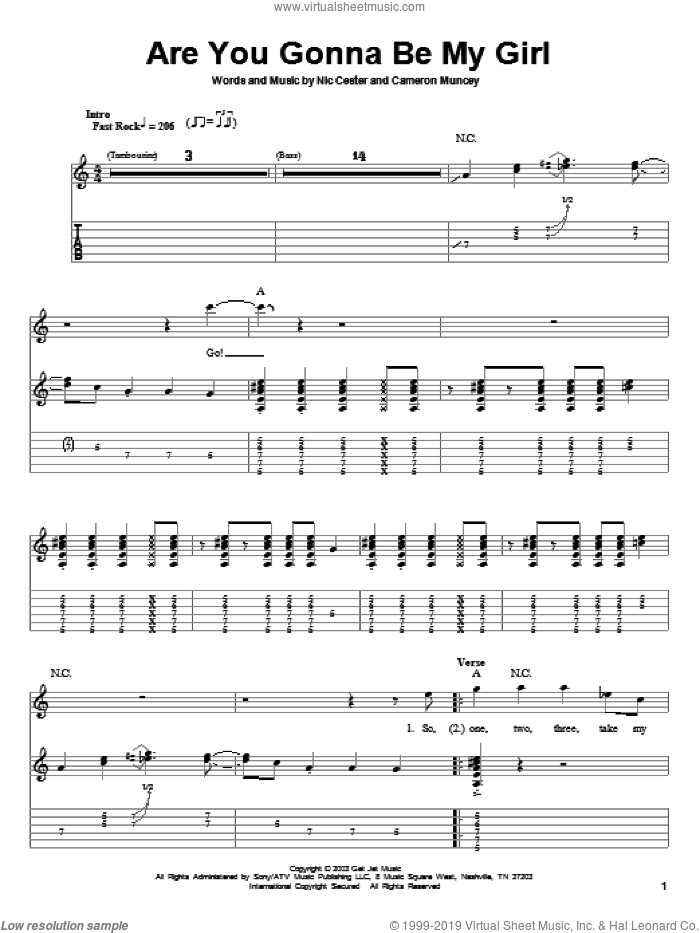 Are You Gonna Be My Girl sheet music for guitar (tablature, play-along) by Nic Cester and Cameron Muncey, intermediate skill level