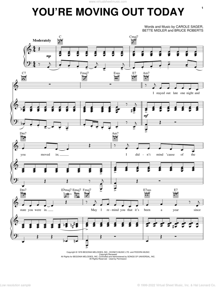 You're Moving Out Today sheet music for voice and piano by Bette Midler, Bruce Roberts and Carole Bayer Sager, intermediate skill level