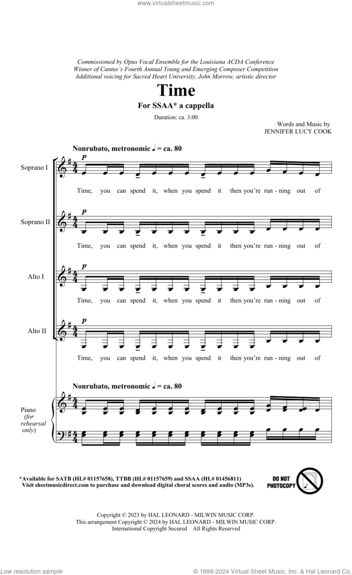 Time sheet music for choir (SSAA: soprano, alto) by Jennifer Lucy Cook, intermediate skill level