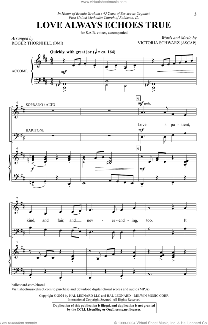 Love Always Echoes True (arr. Roger Thornhill) sheet music for choir (SAB: soprano, alto, bass) by Victoria Schwarz and Roger Thornhill, intermediate skill level