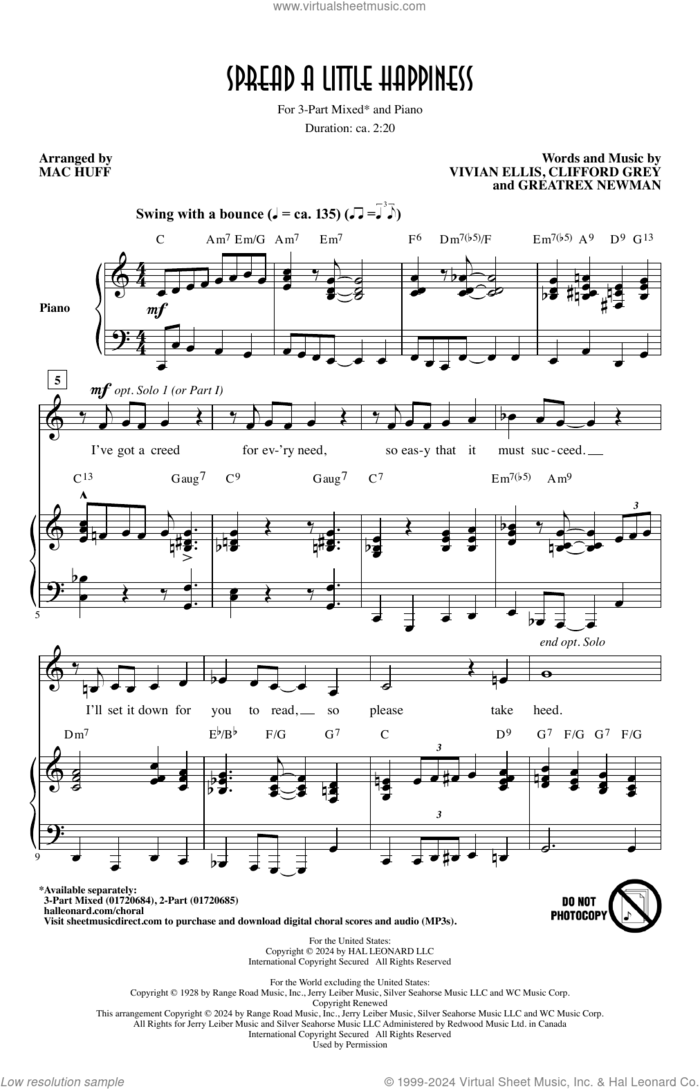 Spread A Little Happiness (arr. Mac Huff) sheet music for choir (3-Part Mixed) by Clifford Grey, Mac Huff, Greatrex Newman, Vivian Ellis and Vivian Ellis, Greatrex Newman, and Clifford Grey, intermediate skill level