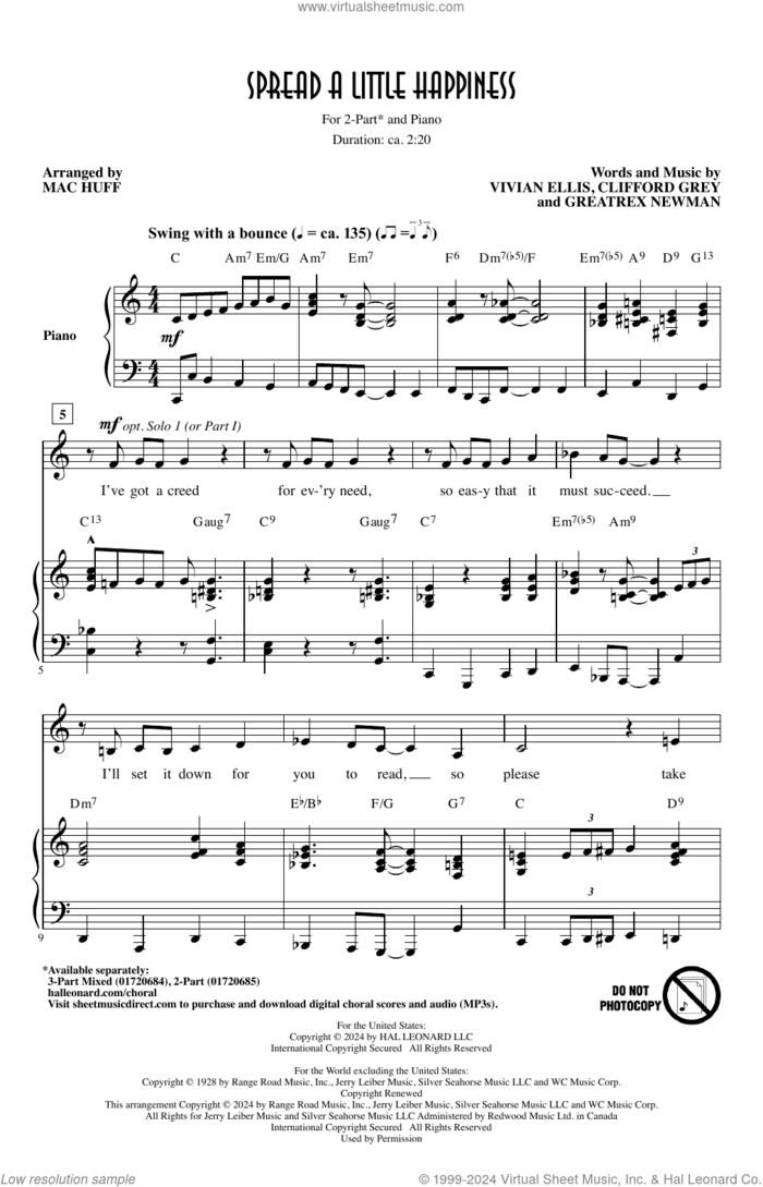 Spread A Little Happiness (arr. Mac Huff) sheet music for choir (2-Part) by Clifford Grey, Mac Huff, Greatrex Newman, Vivian Ellis and Vivian Ellis, Greatrex Newman, and Clifford Grey, intermediate duet