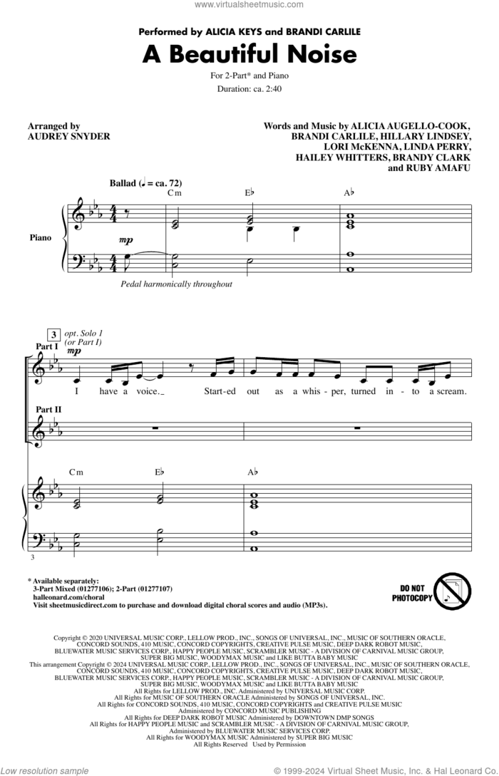 A Beautiful Noise (arr. Audrey Snyder) sheet music for choir (2-Part) by Alicia Keys & Brandi Carlile, Audrey Snyder, Alicia Keys, Alicia Augello-Cook, Brandi Carlile, Brandy Clark, Hailey Whitters, Hillary Lindsey, Linda Perry, Lori McKenna and Ruby Amanfu, intermediate duet