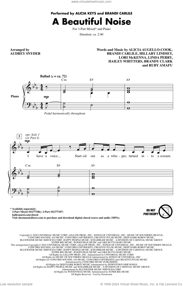 A Beautiful Noise (arr. Audrey Snyder) sheet music for choir (3-Part Mixed) by Alicia Keys & Brandi Carlile, Audrey Snyder, Alicia Keys, Alicia Augello-Cook, Brandi Carlile, Brandy Clark, Hailey Whitters, Hillary Lindsey, Linda Perry, Lori McKenna and Ruby Amanfu, intermediate skill level