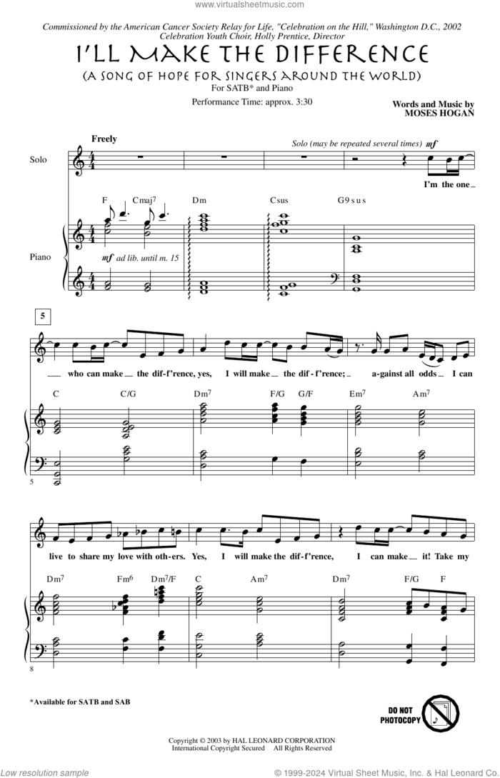 I'll Make The Difference (A Song Of Hope For Singers Around The World) sheet music for choir (SATB: soprano, alto, tenor, bass) by Moses Hogan, intermediate skill level