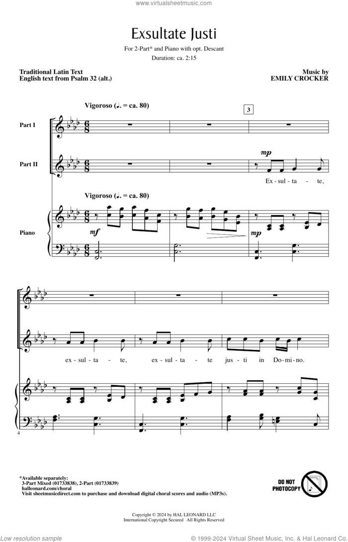 Exsultate Justi sheet music for choir (2-Part) by Emily Crocker, English Text Psalm 32 (alt.) and Miscellaneous, intermediate duet