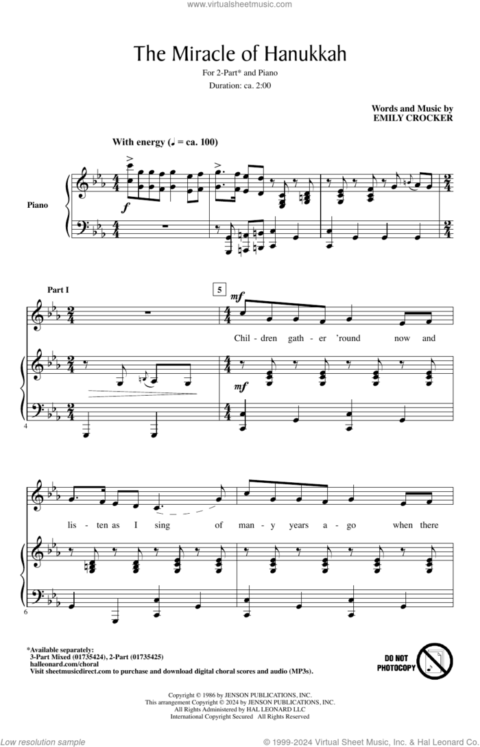 The Miracle Of Hanukkah sheet music for choir (2-Part) by Emily Crocker, intermediate duet