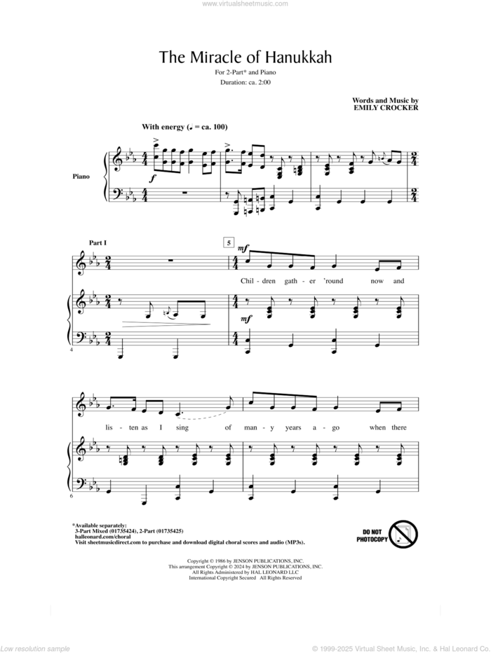 The Miracle Of Hanukkah sheet music for choir (2-Part) by Emily Crocker, intermediate duet