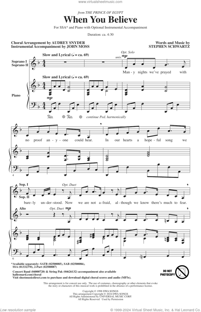 When You Believe (from The Prince Of Egypt) (arr. Audrey Snyder) sheet music for choir (SSA: soprano, alto) by Stephen Schwartz, Audrey Snyder and Whitney Houston and Mariah Carey, intermediate skill level