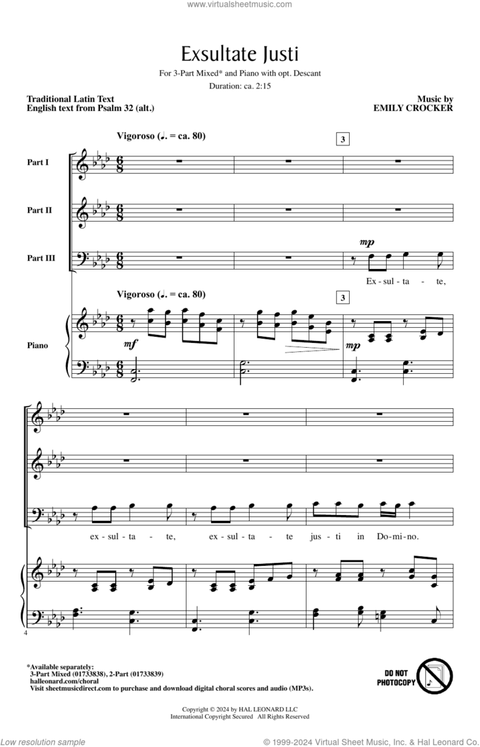 Exsultate Justi sheet music for choir (3-Part Mixed) by Emily Crocker, English Text Psalm 32 (alt.) and Miscellaneous, intermediate skill level