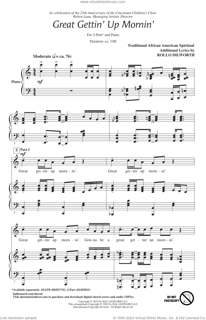 Great Gettin' Up Mornin' sheet music for choir (2-Part) by Traditional African American Spiritual and Rollo Dilworth, intermediate duet