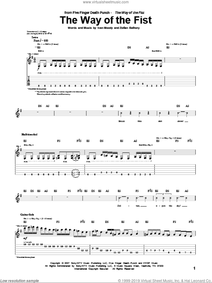 The Way Of The Fist sheet music for guitar (tablature) by Five Finger Death Punch, Ivan Moody and Zoltan Bathory, intermediate skill level