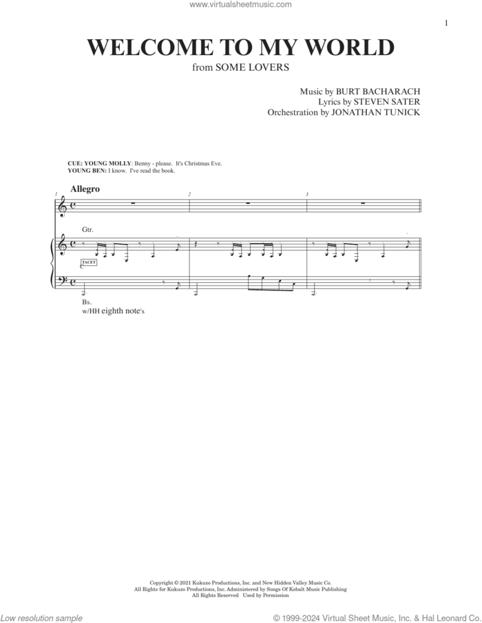 Welcome To My World (from Some Lovers) sheet music for voice and piano by Burt Bacharach, Burt Bacharach & Steven Sater, Jonathan Tunick and Steven Sater, intermediate skill level