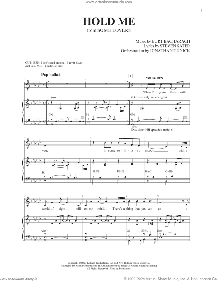 Hold Me (from Some Lovers) sheet music for voice and piano by Burt Bacharach, Burt Bacharach & Steven Sater, Jonathan Tunick and Steven Sater, intermediate skill level