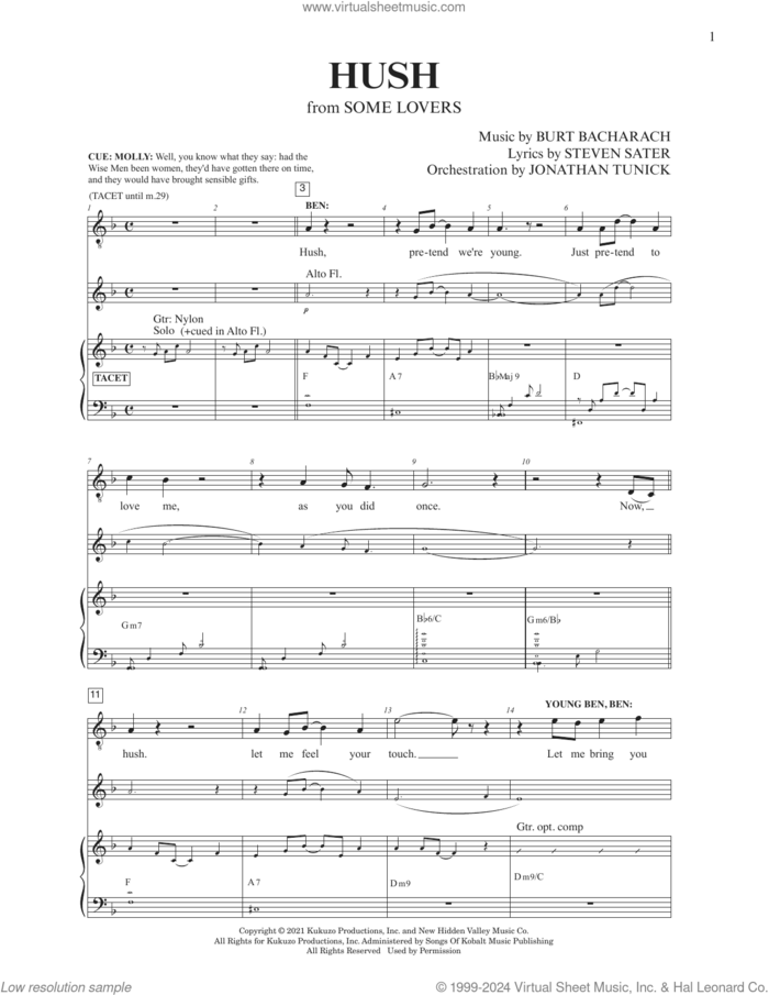 Hush (from Some Lovers) sheet music for voice and piano by Burt Bacharach, Burt Bacharach & Steven Sater, Jonathan Tunick and Steven Sater, intermediate skill level