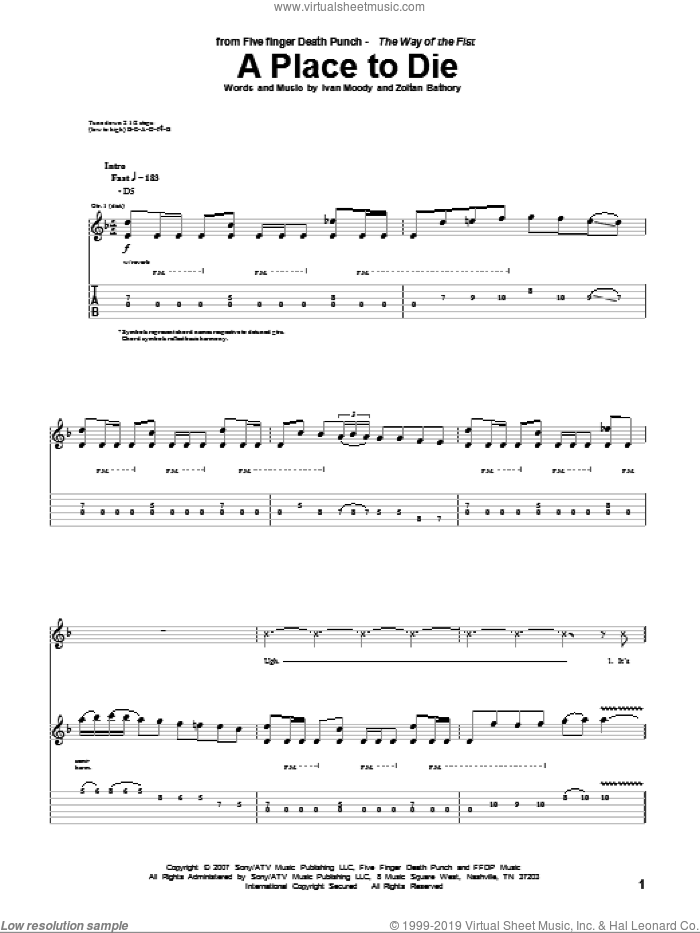 A Place To Die sheet music for guitar (tablature) by Five Finger Death Punch, Ivan Moody and Zoltan Bathory, intermediate skill level