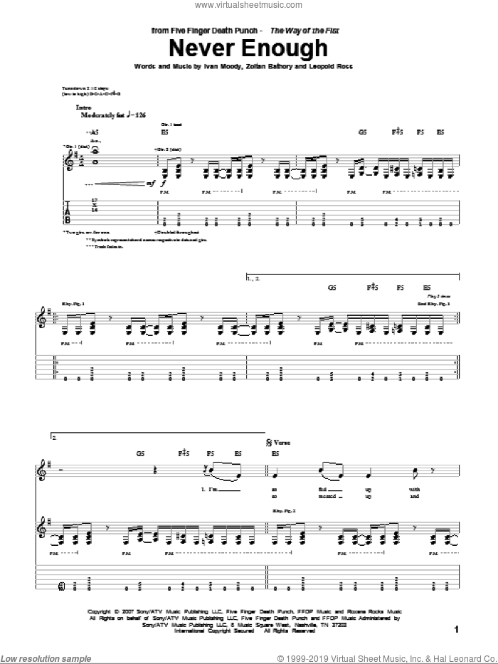 Never Enough sheet music for guitar (tablature) by Five Finger Death Punch, Ivan Moody, Leopold Ross and Zoltan Bathory, intermediate skill level