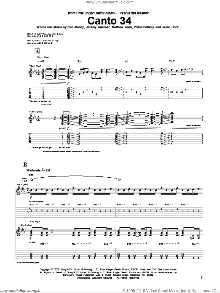 Canto 34 sheet music for guitar (tablature) by Five Finger Death Punch, Ivan Moody, Jason Hook, Jeremy Spencer, Matthew Snell and Zoltan Bathory, intermediate skill level