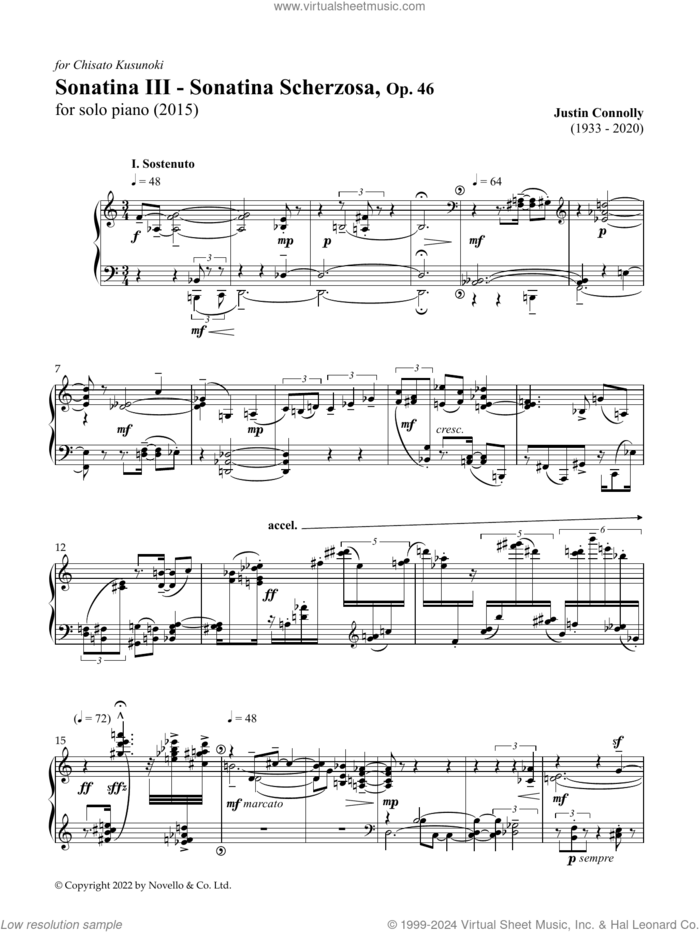 Sonatina III sheet music for piano solo by Justin Connolly, classical score, intermediate skill level