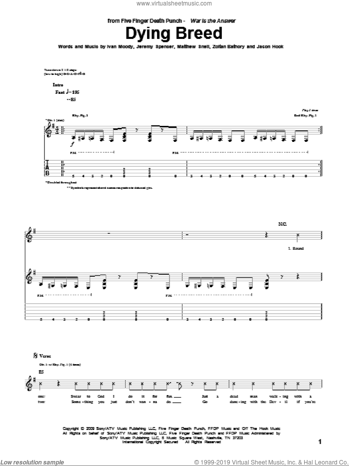Dying Breed sheet music for guitar (tablature) by Five Finger Death Punch, Ivan Moody, Jason Hook, Jeremy Spencer, Matthew Snell and Zoltan Bathory, intermediate skill level