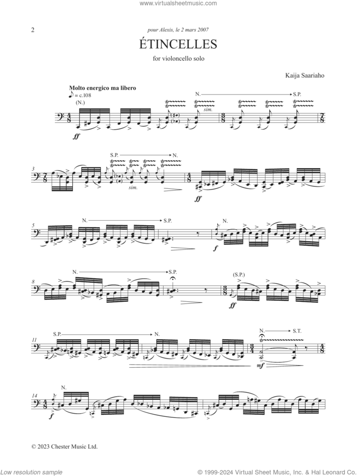 Etincelles sheet music for cello solo by Kaija Saariaho, classical score, intermediate skill level