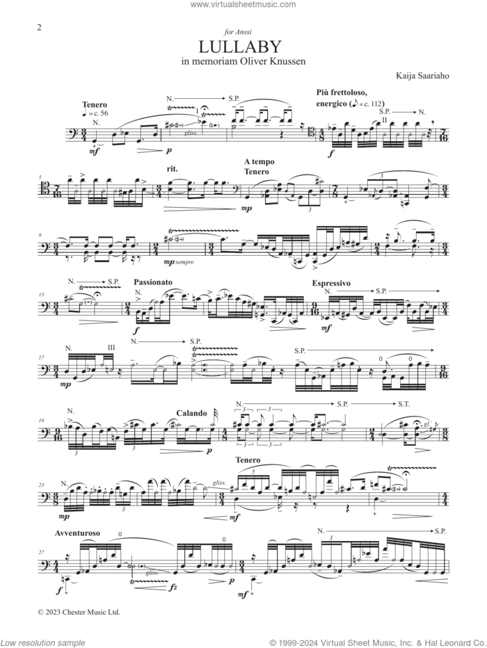 Lullaby sheet music for cello solo by Kaija Saariaho, classical score, intermediate skill level