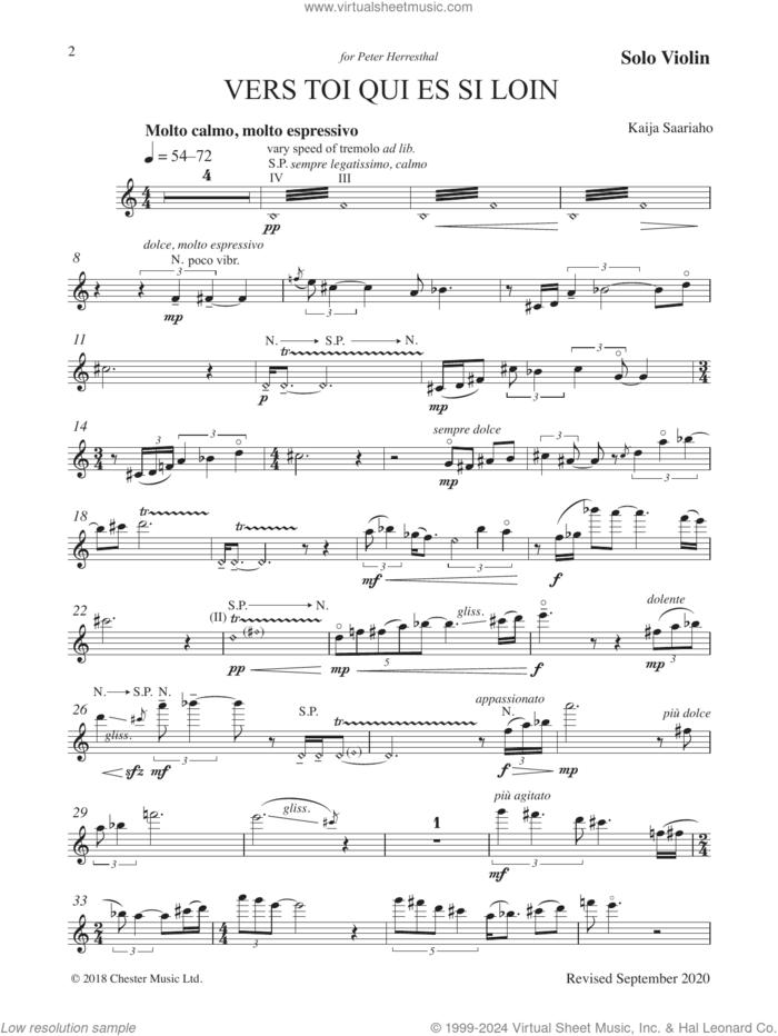 Vers toi qui es si loin sheet music for chamber ensemble (violin solo) by Kaija Saariaho, classical score, intermediate chamber ensemble (violin)