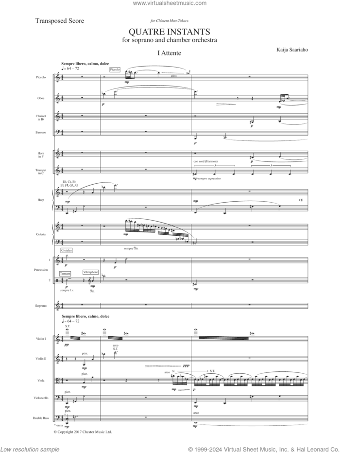 Quatre Instants (chamber version) sheet music for orchestra (full score) by Kaija Saariaho, classical score, intermediate skill level