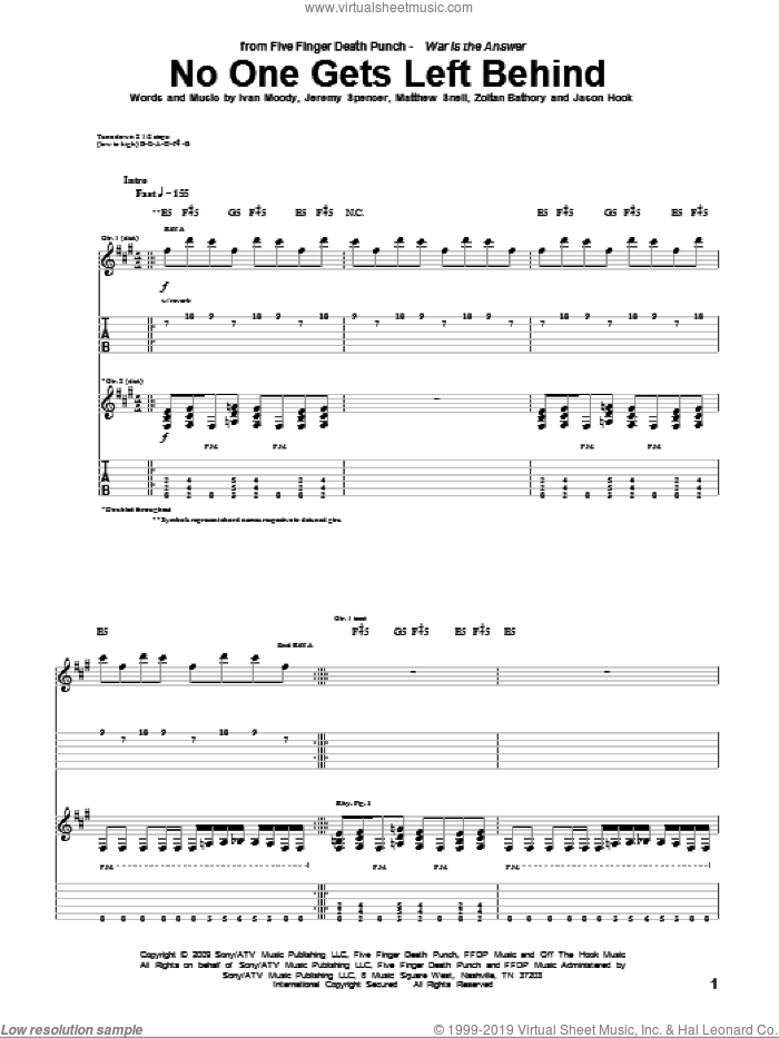 No One Gets Left Behind sheet music for guitar (tablature) by Five Finger Death Punch, Ivan Moody, Jason Hook, Jeremy Spencer, Matthew Snell and Zoltan Bathory, intermediate skill level