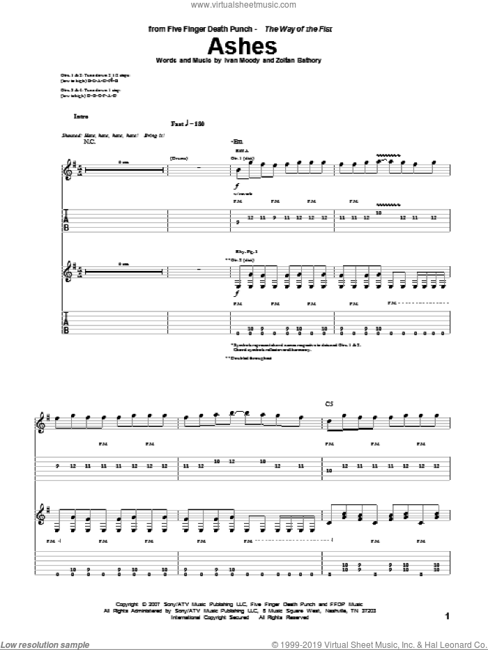 Ashes sheet music for guitar (tablature) by Five Finger Death Punch, Ivan Moody and Zoltan Bathory, intermediate skill level