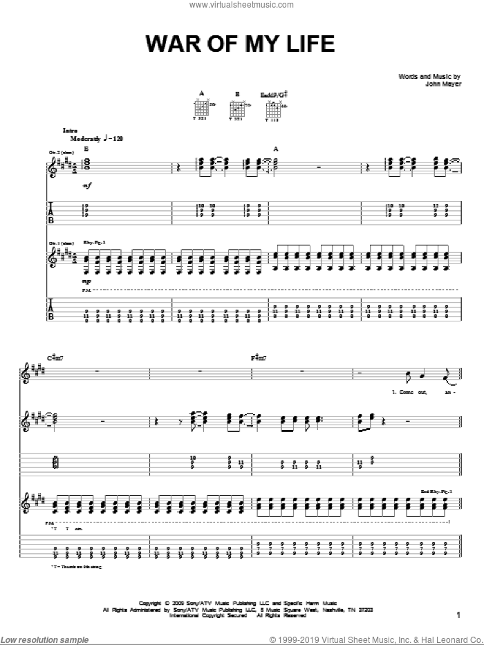 War Of My Life sheet music for guitar solo (chords) by John Mayer, easy guitar (chords)