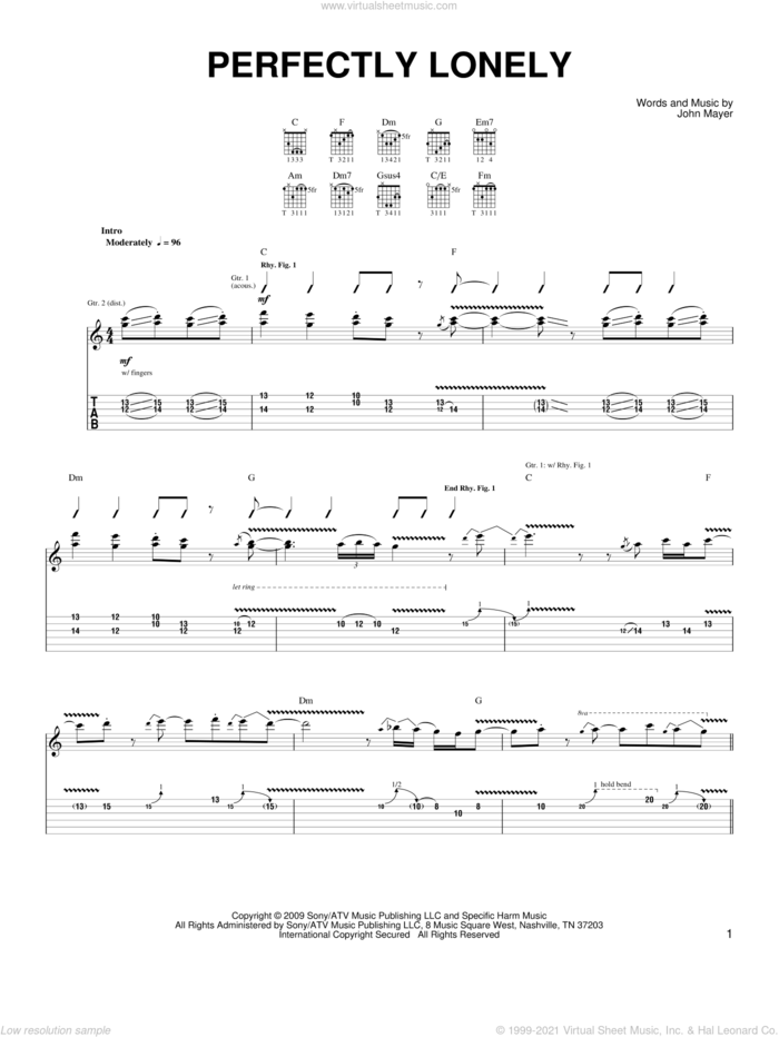 Perfectly Lonely sheet music for guitar solo (chords) by John Mayer, easy guitar (chords)