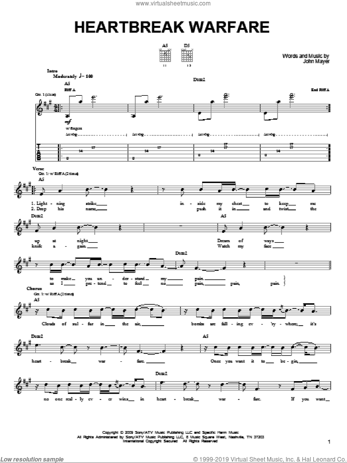 Heartbreak Warfare sheet music for guitar solo (chords) by John Mayer, easy guitar (chords)