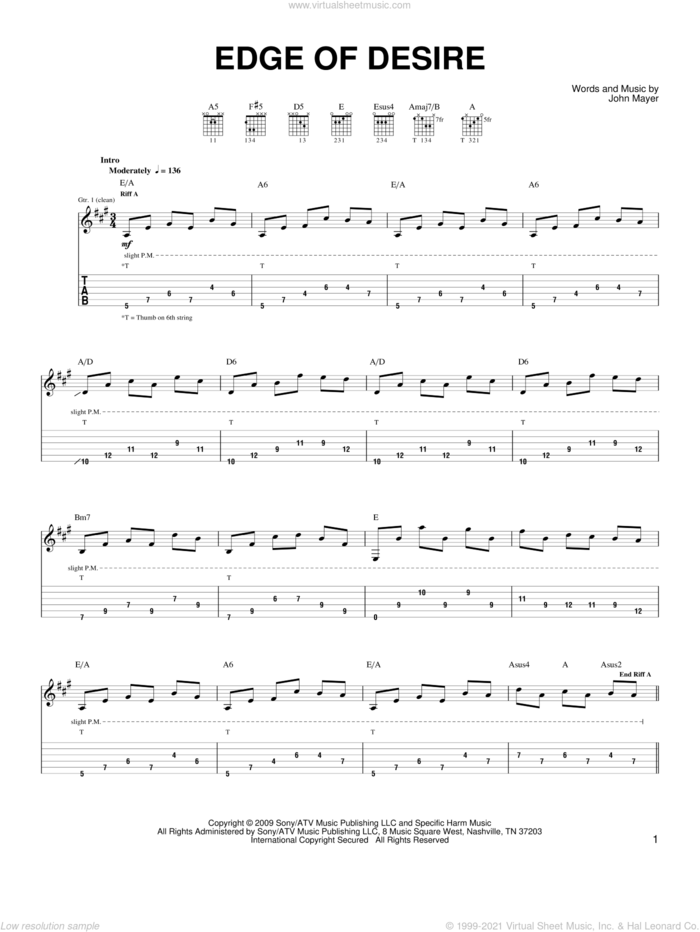 Edge Of Desire sheet music for guitar solo (chords) by John Mayer, easy guitar (chords)