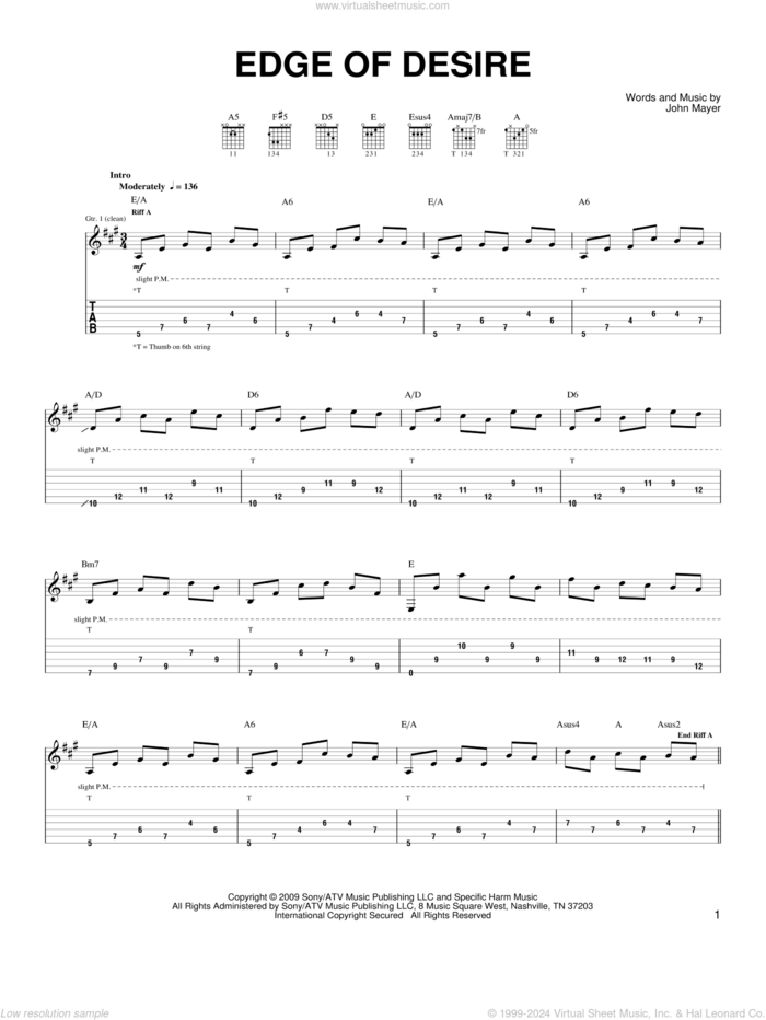 Edge Of Desire sheet music for guitar solo (chords) by John Mayer, easy guitar (chords)