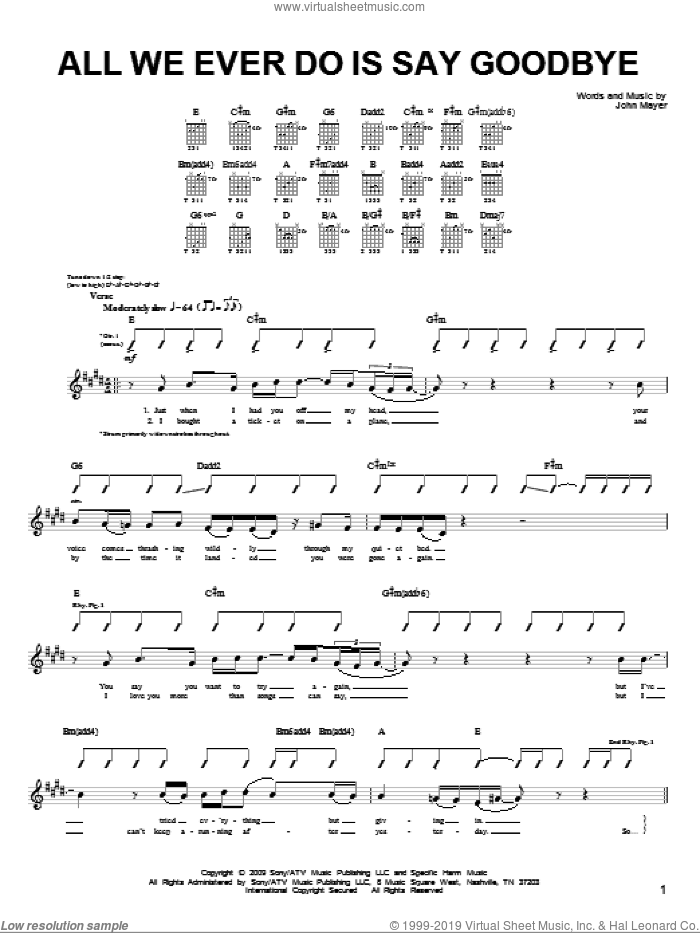 All We Ever Do Is Say Goodbye sheet music for guitar solo (chords) by John Mayer, easy guitar (chords)