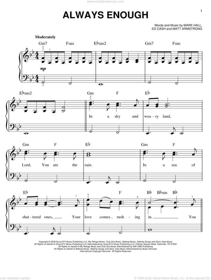 Always Enough sheet music for piano solo by Casting Crowns, Ed Cash, Mark Hall and Matt Armstrong, easy skill level