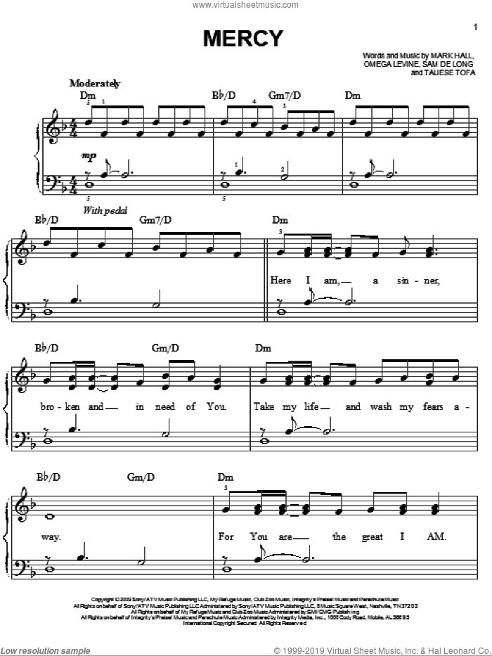 Mercy sheet music for piano solo by Casting Crowns, Mark Hall, Omega Levine, Sam de Long and Tauese Tofa, easy skill level