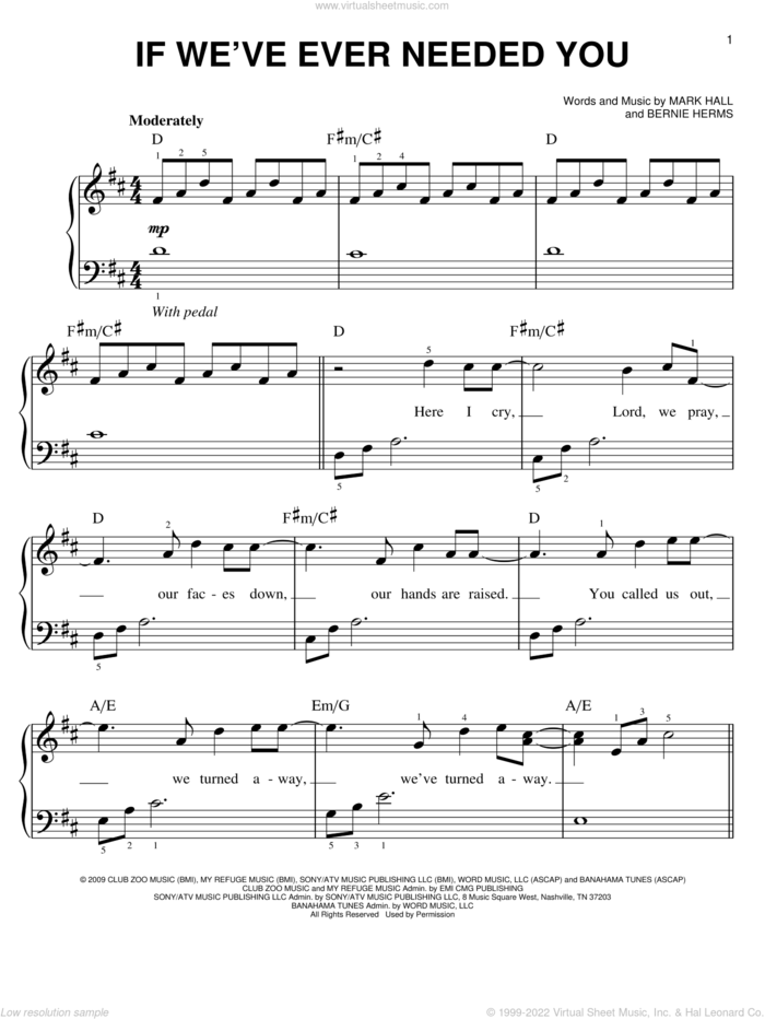 If We've Ever Needed You sheet music for piano solo by Casting Crowns, Bernie Herms and Mark Hall, easy skill level