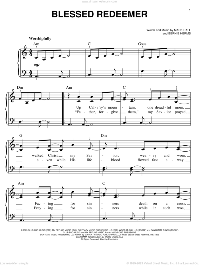 Blessed Redeemer sheet music for piano solo by Casting Crowns, Bernie Herms and Mark Hall, easy skill level