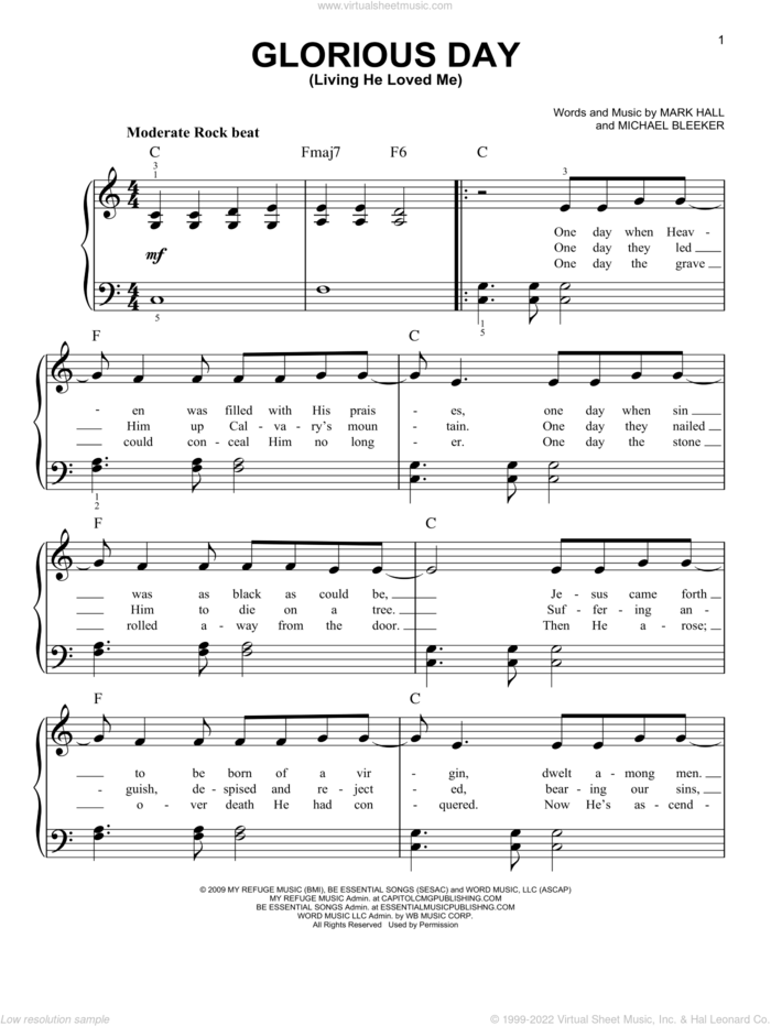 Glorious Day (Living He Loved Me), (easy) sheet music for piano solo by Casting Crowns, Mark Hall and Michael Bleaker, easy skill level