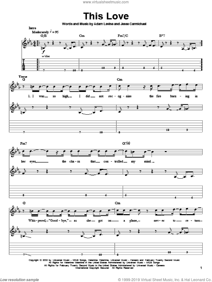 This Love sheet music for guitar (tablature, play-along) by Maroon 5, Adam Levine and Jesse Carmichael, intermediate skill level