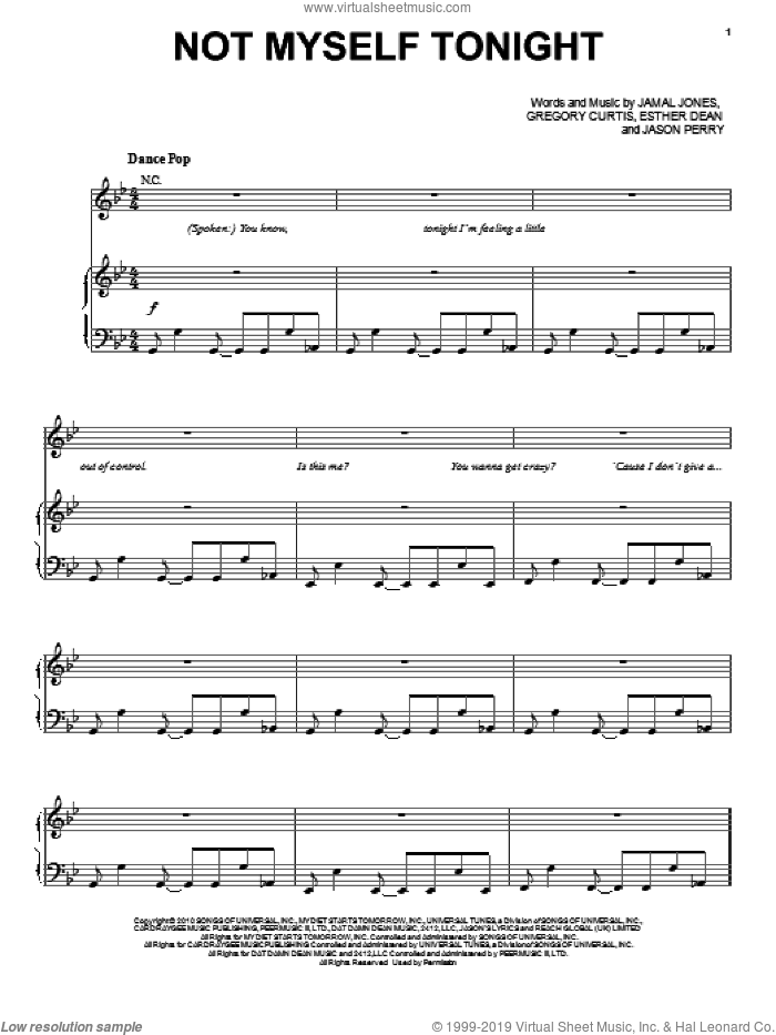 Not Myself Tonight sheet music for voice, piano or guitar by Christina Aguilera, Ester Dean, Gregory Curtis, Jamal Jones and Jason Perry, intermediate skill level