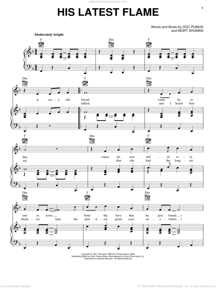 His Latest Flame sheet music for voice, piano or guitar by Elvis Presley, Doc Pomus, Jerome Pomus and Mort Shuman, intermediate skill level