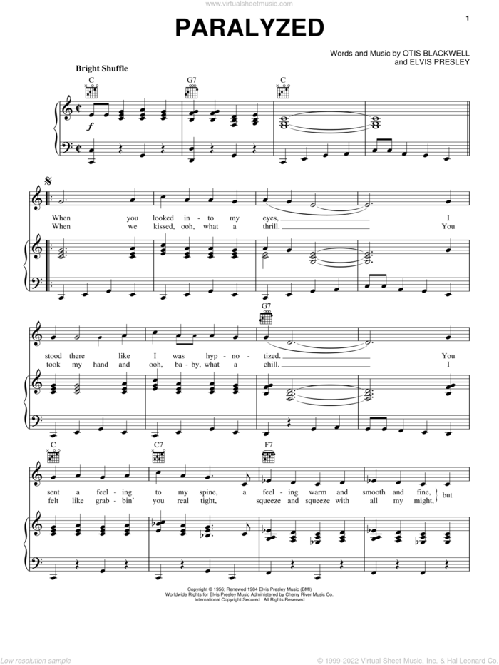Paralyzed sheet music for voice, piano or guitar by Elvis Presley and Otis Blackwell, intermediate skill level