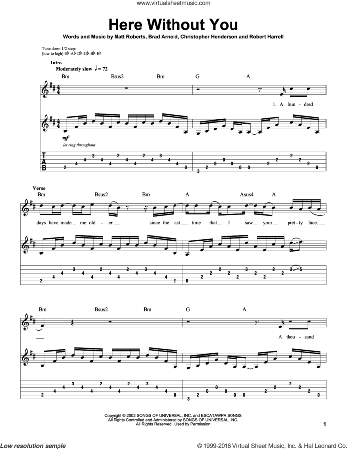 Here Without You sheet music for guitar (tablature, play-along) by 3 Doors Down, Brad Arnold, Christopher Henderson, Matt Roberts and Robert Harrell, intermediate skill level
